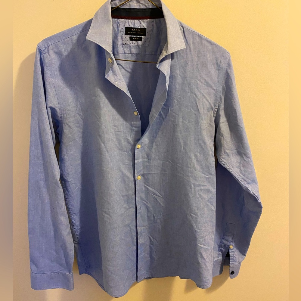 Men’s Zara slim cut collared button down, light blue, size L